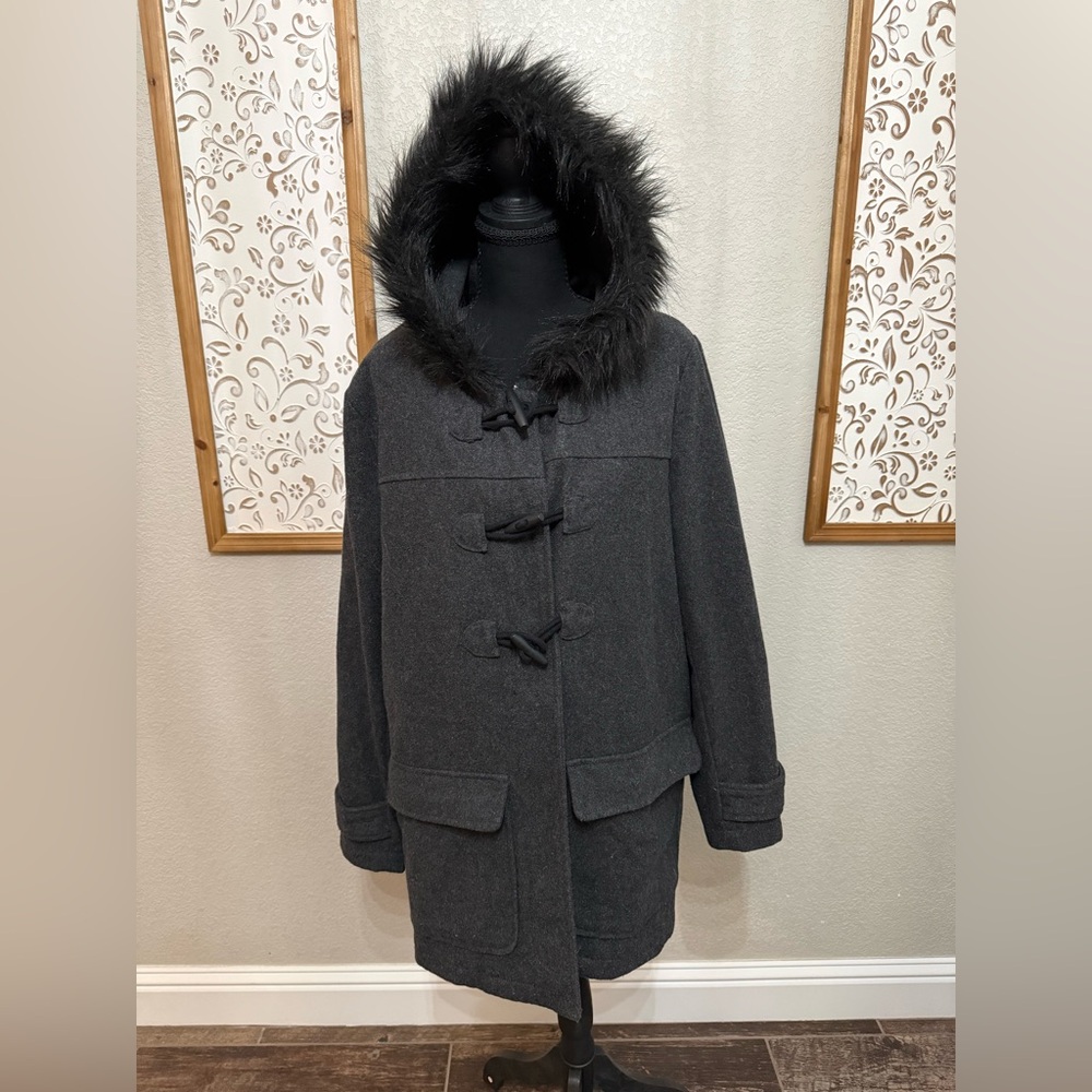 Old Navy Charcoal Toggle Coat with Faux Fur Hood